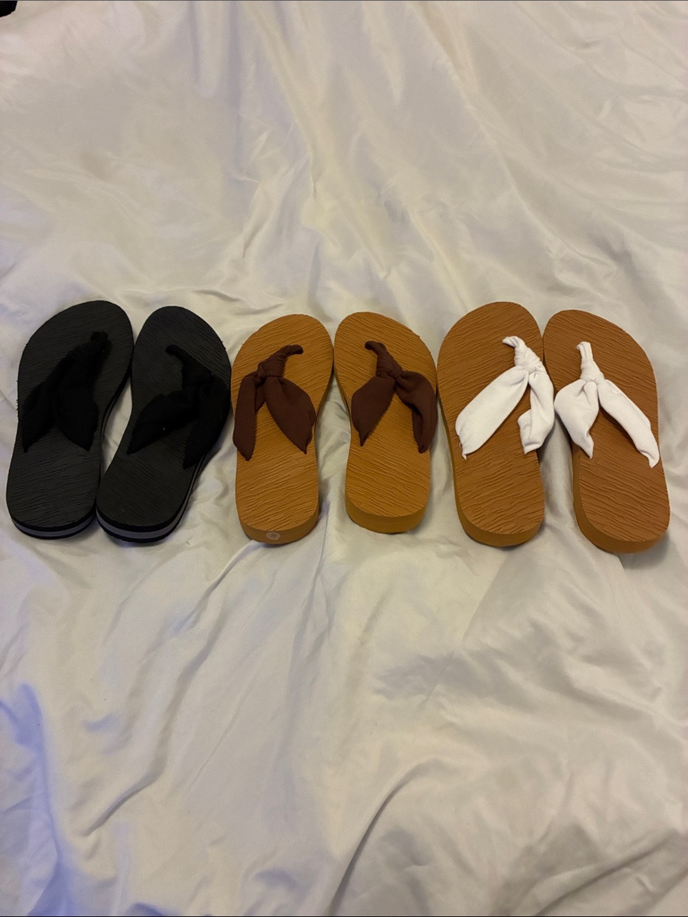Women’s Knot-Front Flip Flops - Black, Brown, White - 3-pack